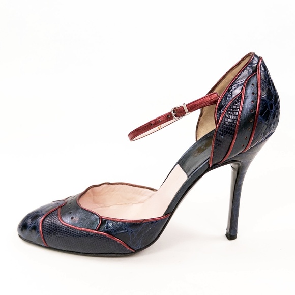 Lawrence Dacade Paris Alligator Lizard Leather Ankle Strap Pumps Heels - Picture 2 of 7
